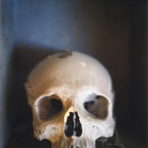 Human skull in its guardian house kept by the anime pezzentelle cult at the Cimitero delle Fontanelle ossuary in Napoli Italy.