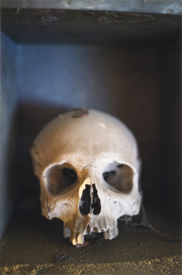 Human skull in its guardian house kept by the anime pezzentelle cult at the Cimitero delle Fontanelle ossuary in Napoli Italy.