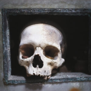 Human skull with coins in its eye sockets kept by the anime pezzentelle cult at the Cimitero delle fontanelle ossuary in Napoli Italy.