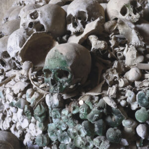 Human skull colored green by lichen moss on a pile of bones at the Cimitero delle Fontanelle ossuary in Napoli Italy.