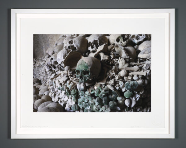 Framed photograph printed with archival pigment ink on acid free Italian rag paper of a human skull by artist Clayton Porter.